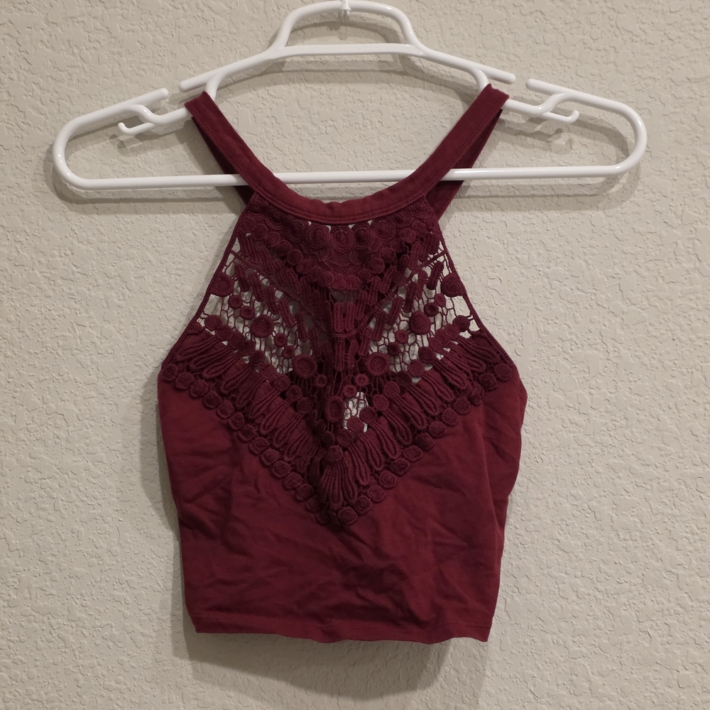 Forever 21 Burgundy Crochet Halter Crop Tank